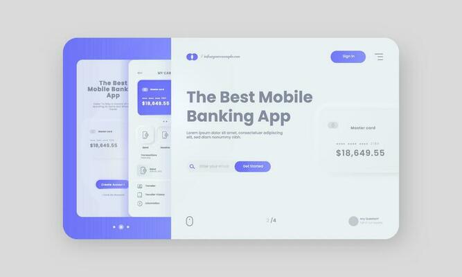 Mobile Banking App Hero Banner Or Landing Page In White And Blue Color.