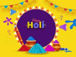 Happy Holi Celebration Concept With Water Guns, Loudspeakers, Plates And Mud Pots Full Of Powder Colors On Yellow Background. vector