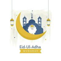 Eid-Ul-Adha Mubarak Concept With Yellow Crescent Moon, Mosque, Cartoon Sheep And Lanterns Hang On White Background. vector