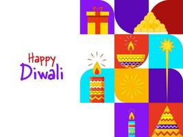 contento diwali celebracion concepto con plano estilo vistoso iluminado velas, petardo, petróleo lámpara y regalo caja en blanco antecedentes. vector