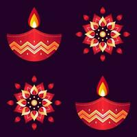 Glossy Floral Pattern And Lit Oil Lamps On Purple Background. vector