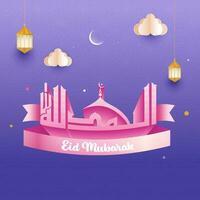 3d estilo rosado Arábica caligrafía de eid Mubarak con papel nubes, creciente Luna y linternas colgar en Violeta antecedentes. vector