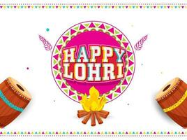 Sticker Style Happy Lohri Font With Bonfire, Drum Instrument On White And Pink Circular Frame Background. vector