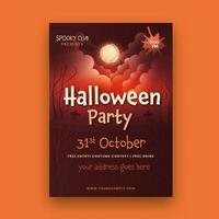 Halloween Party Flyer Design With Event Details On Full Moon Dark Red Background. vector