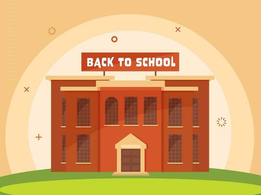 Back To School Concept With School Building On Peach Yellow And Green Background.