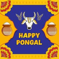 Happy Pongal Poster Design With Doodle Cow Or Bull Face, Wheat Ears, Mud Pots Full Of Grain On Yellow And Blue Floral Background. vector