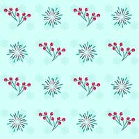 Blue Snowflake Pattern Background Decorated With Berries And Fireworks. vector