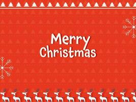 White Merry Christmas Text With Snowflakes And Reindeer On Red Xmas Tree Pattern Background. vector