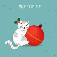 Merry Christmas Concept With Cute Cat Holding Red Bauble On Blue Background. vector