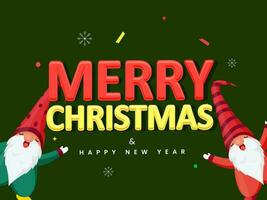 Colorful Merry Christmas And Happy New Year Text With Cartoon Gnomes On Green Background. vector