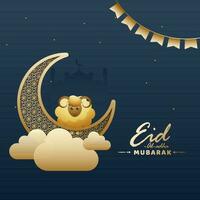 Eid-Al-Adha Mubarak Concept With Golden Crescent Moon, Cartoon Sheep, Clouds And Bunting Flags On Blue Background. vector