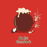 pegatina estilo contento pongal fuente en tamil idioma con barro maceta lleno de tradicional plato arroz, Coco y Caña de azúcar en rojo antecedentes. vector