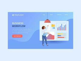 Business Workflow Landing Page Or Web Banner Design With Analyst Woman Presenting Dashboard On Blue Background. vector