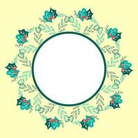 Empty Round Frame With Berries And Green Leaves Decorated Yellow Background. vector