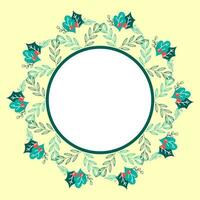 Empty Round Frame With Berries And Green Leaves Decorated Yellow Background. vector