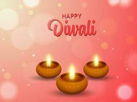 Happy Diwali Concept With Realistic Lit Oil Lamps On Gradient Peach Bokeh Background. vector