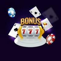 Golden Bonus Text With 3D Slot Machine, Playing Cards And Poker Chips On Purple Background. vector