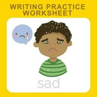 Writing practice worksheet. Educational about feelings. Facial expression. Diversity for kids. Vector file.