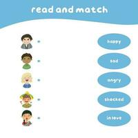 Read and match worksheet game. Feeling vocabulary with cute kids. Matching words with images. Vector illustration.