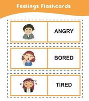 Feeling flashcards set for children to understand about expressing feelings. Emotions flashcard printable. Facial expression. Diversity for kids. Vector file.