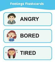 Feeling flashcards set for children to understand about expressing feelings. Emotions flashcard printable. Facial expression. Diversity for kids. Vector file.