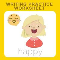 Writing practice worksheet. Educational about feelings. Facial expression. Diversity for kids. Vector file.