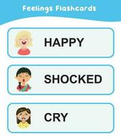 Feeling flashcards set for children to understand about expressing feelings. Emotions flashcard printable. Facial expression. Diversity for kids. Vector file.