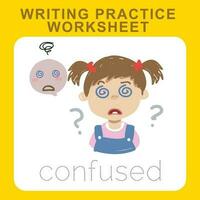 Writing practice worksheet. Educational about feelings. Facial expression. Diversity for kids. Vector file.