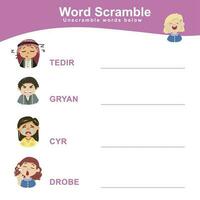 Spelling Word Scramble worksheet. Feelings vocabulary. Educational activity for preschool kids. Preschool Education. Vector illustration.