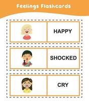 Feeling flashcards set for children to understand about expressing feelings. Emotions flashcard printable. Facial expression. Diversity for kids. Vector file.