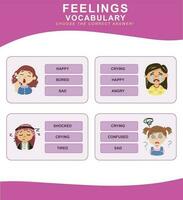 Choose the correct answer. Feelings vocabulary. Worksheet for preschool. Words test educational game for children. Vector file.