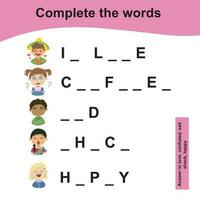 What letters are missing. Complete the words worksheet. Feelings vocabulary. Worksheet for preschool. Writing practice. Vector illustration.