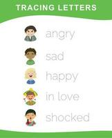 Writing practice worksheet. Educational about feelings. Facial expression. Diversity for kids. Vector file.