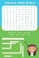 Feelings Word Search worksheet. Educational worksheet for preschool. Vector illustration file.