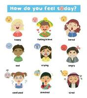 Set of children expressing feelings with adjective words illustration. vector