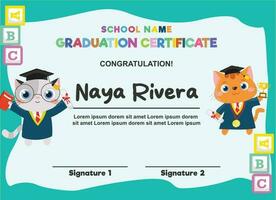 Cute diploma certificate template for preschool, kindergarten or primary school student. A cute and kawaii cat holding the graduation certificate trophy. Vector file.