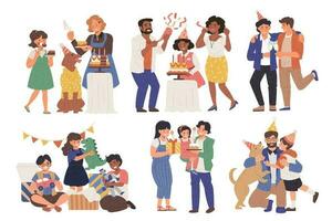 Set of different families celebrating birthday for their children. Flat style illustration. vector