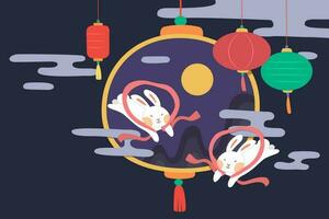 Mid autumn festival design. Flat illustration of jade rabbits in Chang'e winged outfit flying around the hanging lantern vector