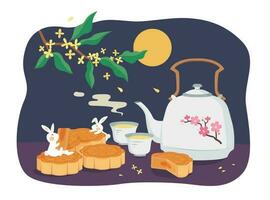 Mid autumn festival design. Flat illustration of jade rabbits eating, drinking hot tea, and watching moon as holiday celebrations vector