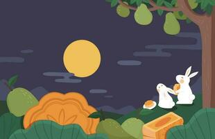 Mid autumn festival design. Flat illustration of jade rabbits sitting under pomelo tree, eating mooncakes and watching moon as holiday celebration vector