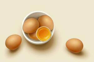 Overhead shot of a bowl of fresh brown eggs and two eggs lying beside. Food elements isolated on beige background. vector