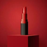 atractivo rojo lápiz labial producto en cuadrado etapa en 3d ilustración vector