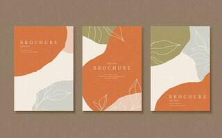 Abstract earth tone orange and green flyer or brochure design template set with line style leaf vector