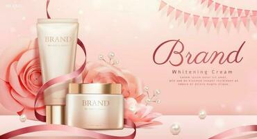 romántico cosmético productos anuncios con rosado papel rosas y perla decoraciones vector