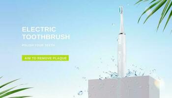 Electric toothbrush on a concrete podium with water splash. 3d minimal product display background with palm leaves and blue sky. vector