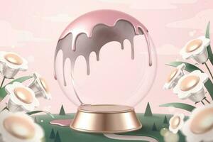 Golden color base empty snow globe with dripping pink liquids in the middle of lovely 3d illustration white flower garden vector