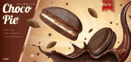 Choco pie ads with splashing chocolate sauce in 3d illustration vector