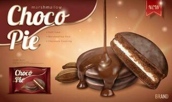 Choco pie ads with dripping chocolate syrup and foil package template in 3d illustration on glitter brown background vector