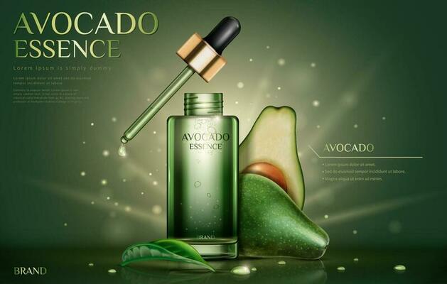 Avocado essence oil ads with fresh ingredients on glittering background in 3d illustration