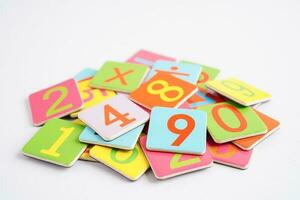 Number wood block cubes for learning Mathematic, education math concept. photo